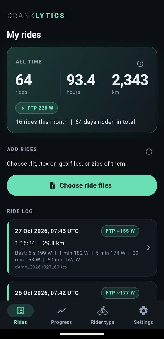 The ride log with totals and estimated FTP